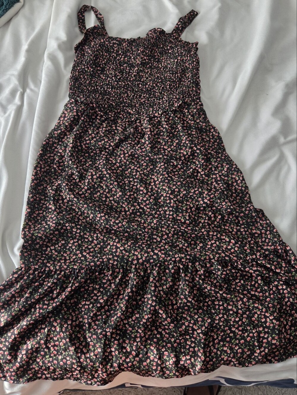 Sienna Sky Black Floral Smocked Midi Dress.